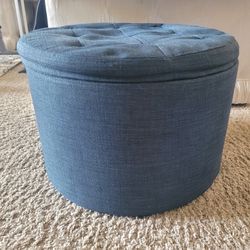 Round Blue Ottoman With Storage 22" Dia x 15"H