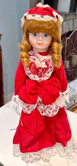 Porcelain Collector Doll Red Valentine Dress Lace Heart 17” w/ Custom Cover &  Metal Stand-Vintage