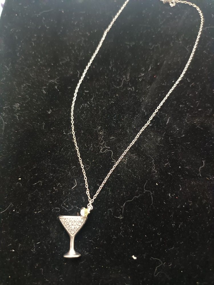 Sterling Silver, Diamonds And Peridot Martini Necklace 