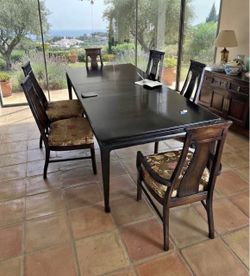 Vintage Asian-Inspired Dark Wood Dining Table & 6 Chairs Set