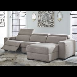 New !!! Fabric Sectional Sofa, 3 Piece, Grey, Recliner With Adjustable Headrest Chaise!!! Never used, Was $2,300.