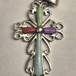 Vintage 925 Sterling Silver Cross Pendant Multicolor Semi-precious Inlay Stones