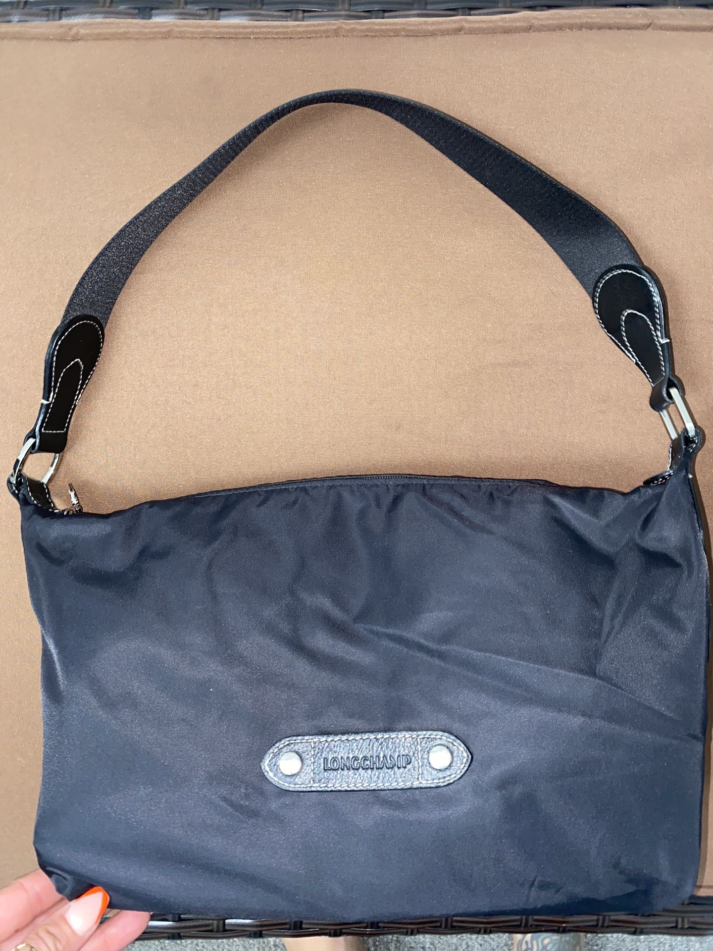 LONGCHAMP Black Nylon Hobo Shoulder Bag Wide Logo Strap.  