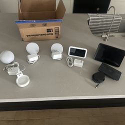 5 Alexa devices, plus charging station, cords, and a stand.