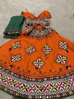 Indian Wear 3 Pieces Chaniya Choli Dupatta For Girls Size 32 Orange Full Of Embroidary