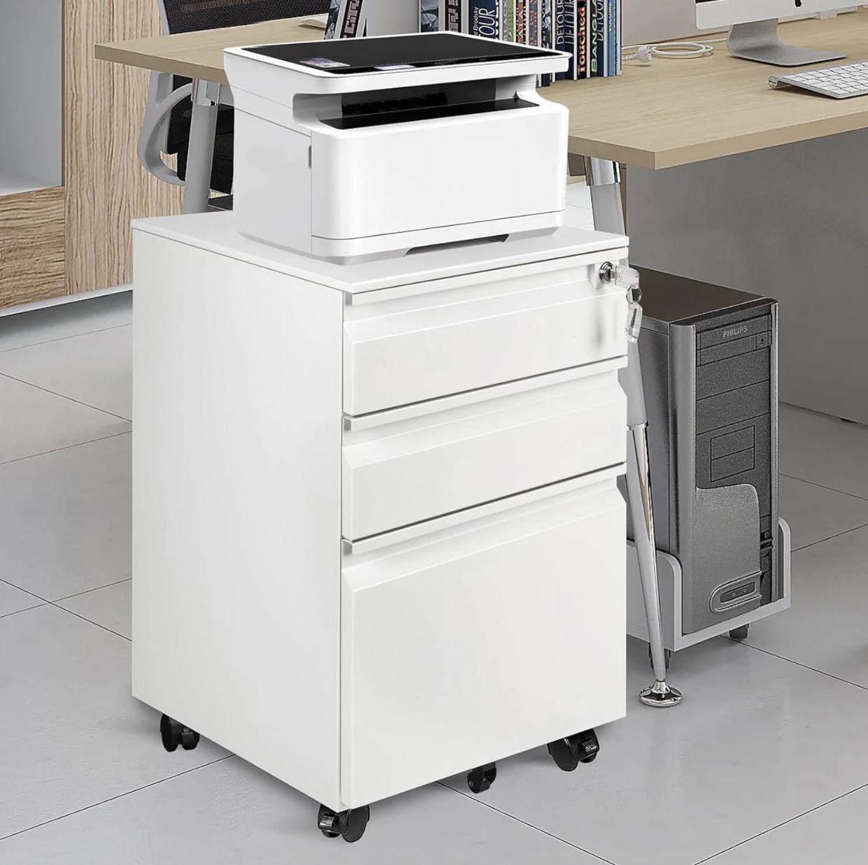 Mobile File Cabinet w/3 Drawers Heavy Duty 19.69"Dx15.35"Wx23.62"H, Fully Assembled, Filing Cabinet