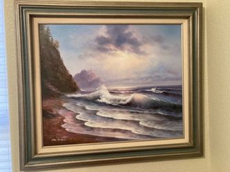 Framed ocean landscape painting original June Nelson, painting