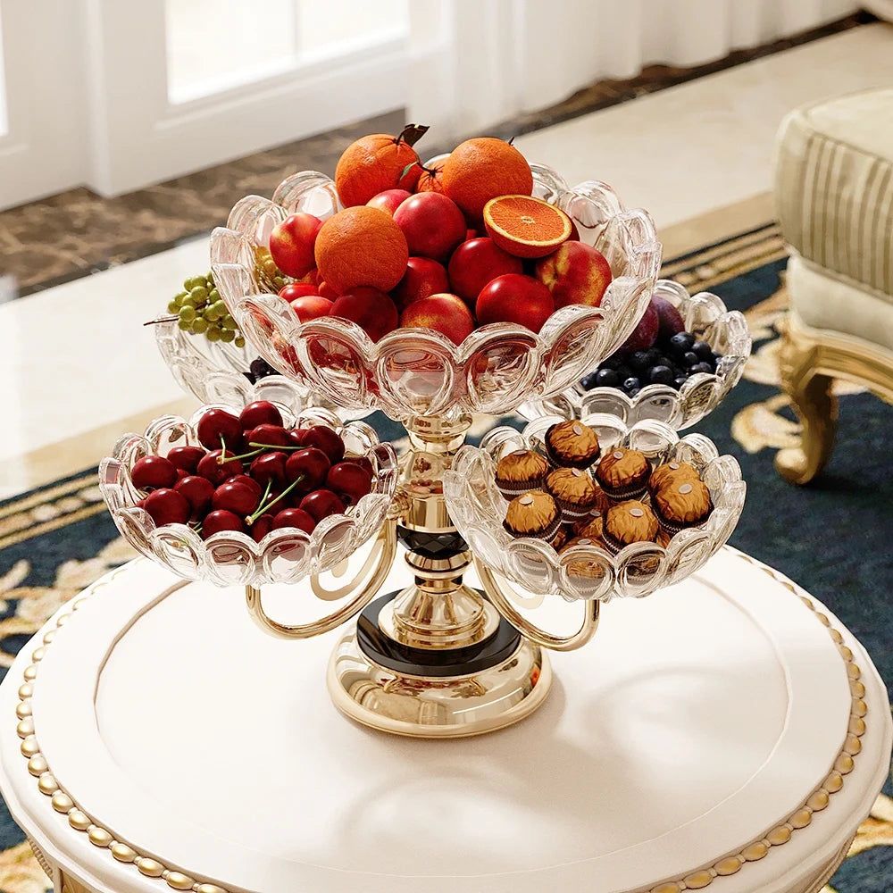 Luxury Rotating Glass Fruit Bowl with Rose Gold Base – Multi Tier Decorative Serving Stand