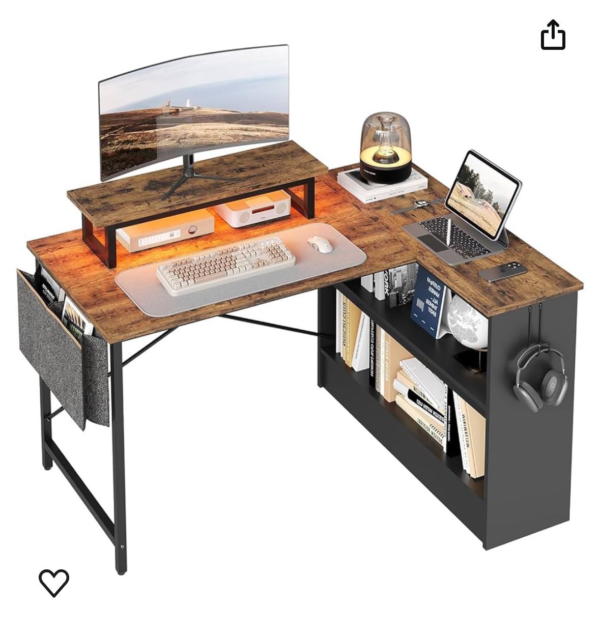Bestier Small L Shaped Desk with Enclosed Shelves, 42 Inch Computer Desk with LED Monitor Stand, Headphone Hook & Side Storage Bag, Reversible Corner 