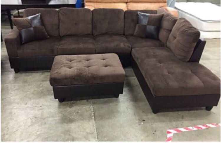 New Chocolate Brown Sectional Sofa Microfiber Couch With Storage Ottoman And Pillows 
