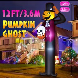 Giant Halloween Inflatable Pumpkin Ghost Holding Skull 