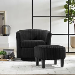 Assembled New 360° Swivel Barrel Accent Chair with Ottoman, Black Round Club Arm Chair