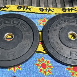 PAIR  OF  15  LB.  ROGUE  OLYMPIC  BUMPER  PLATES    •  I ALSO HAVE 55 45 35 LB BUMPER PLATES RUBBER STEEL DUMBBELL SQUAT RACKS FLAT BENCH BENCH PRESS