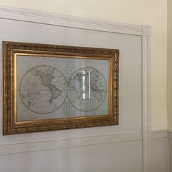 Hemisphere Map In Sold Wood Frame With Glass Cover