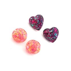 Purple, magenta, teal heart studs and pink, orange round glitter studs earrings