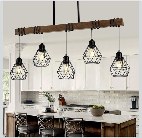 5-Light Kitchen Island Lighting Hanging for Farmhouse Linear Chandeliers,Dining Room Light Fixture/Chandelier Over Table,Matte Black Rustic Wood Ceili