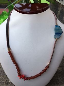 Blue & White Striped Lace Slab Agate & Coral Necklace