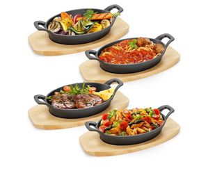 4 Pcs Mini Cast Iron Skillet with Wooden Base Small Cast Iron Fajita Plates Baker's Skillet Matte Black Pan Pot for Kitchen Restaurant Barbecue Dinner