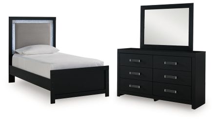 Maeling Black Twin Upholstered Panel Bed, Dresser and Mirror