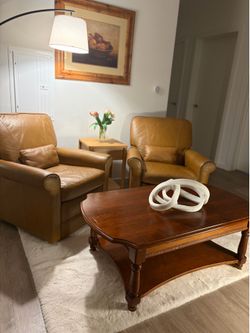 Pair of Recliner Chairs and Solid Wood Coffee Table