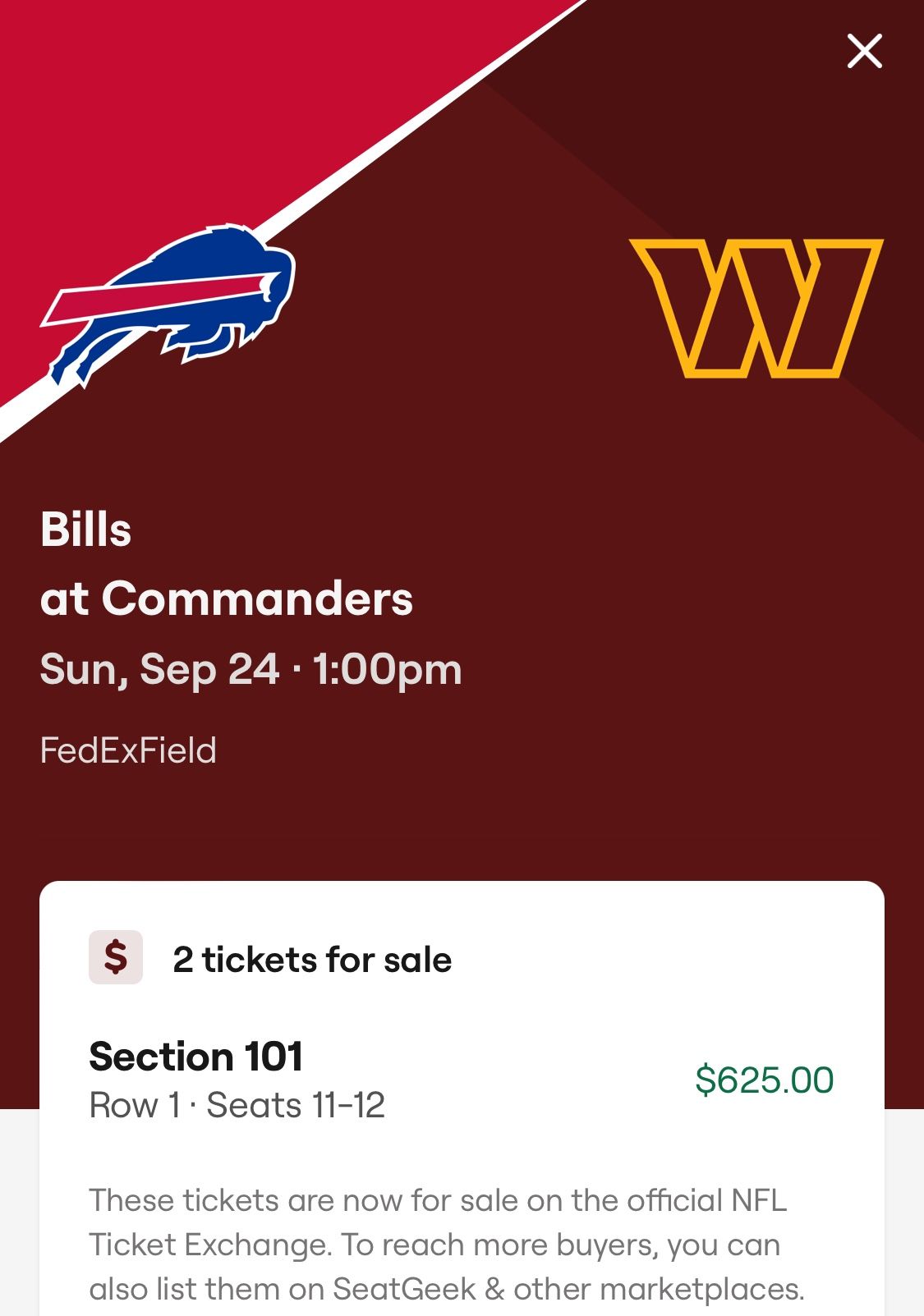 Buffalo bills Vs Commanders 24 September Tickets
