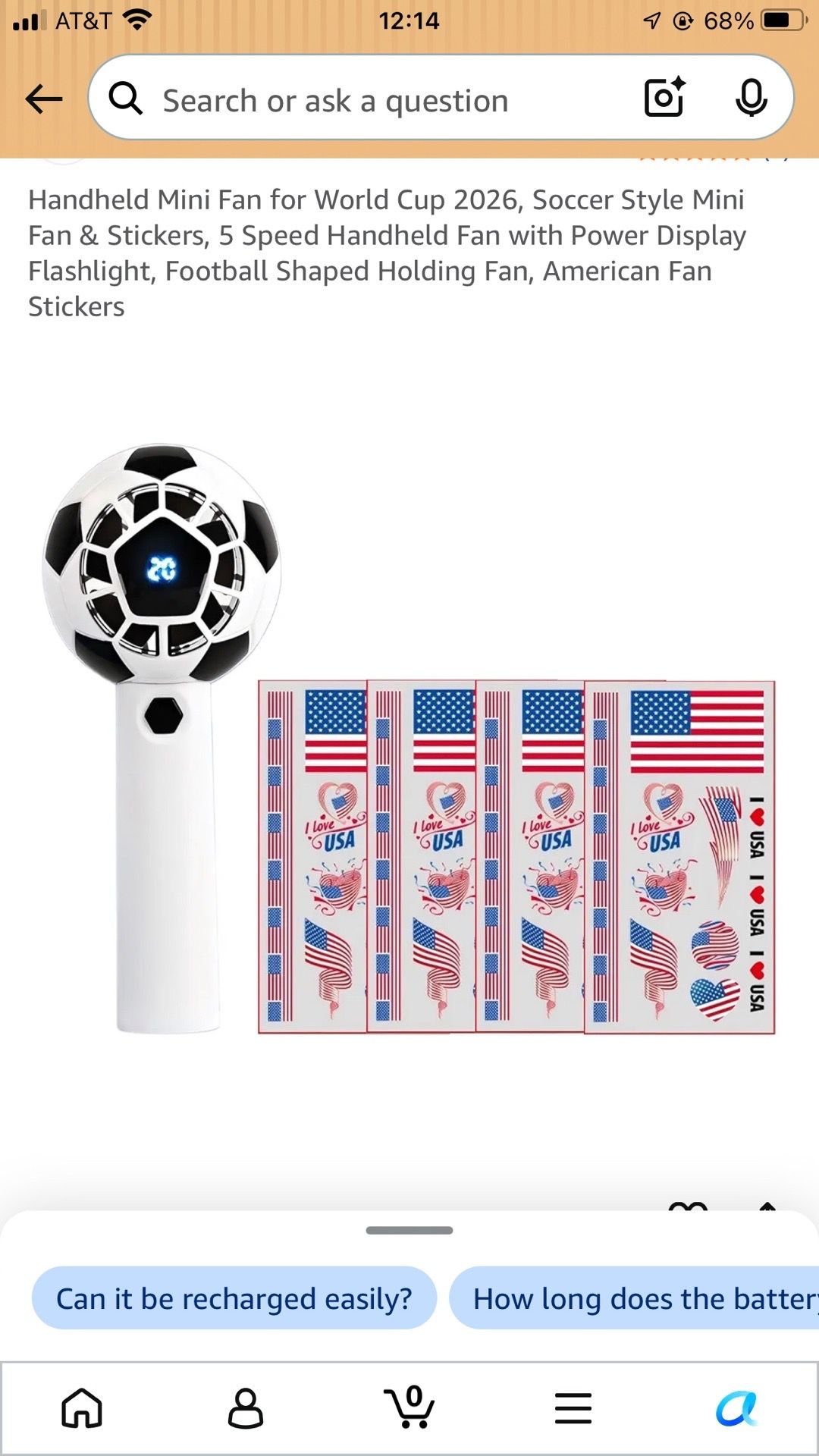 Handheld Mini Fan Soccer Style 5 Speed with American Fan Stickers