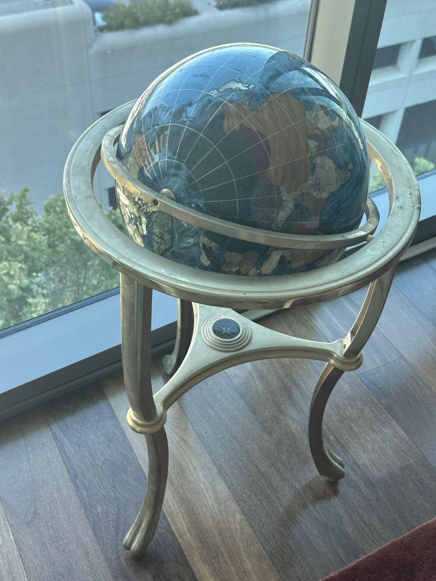 Vintage Kalifano Blue Lapis Mother of Pearl Standing Gemstone World Globe On Copper Stand w/ Compass