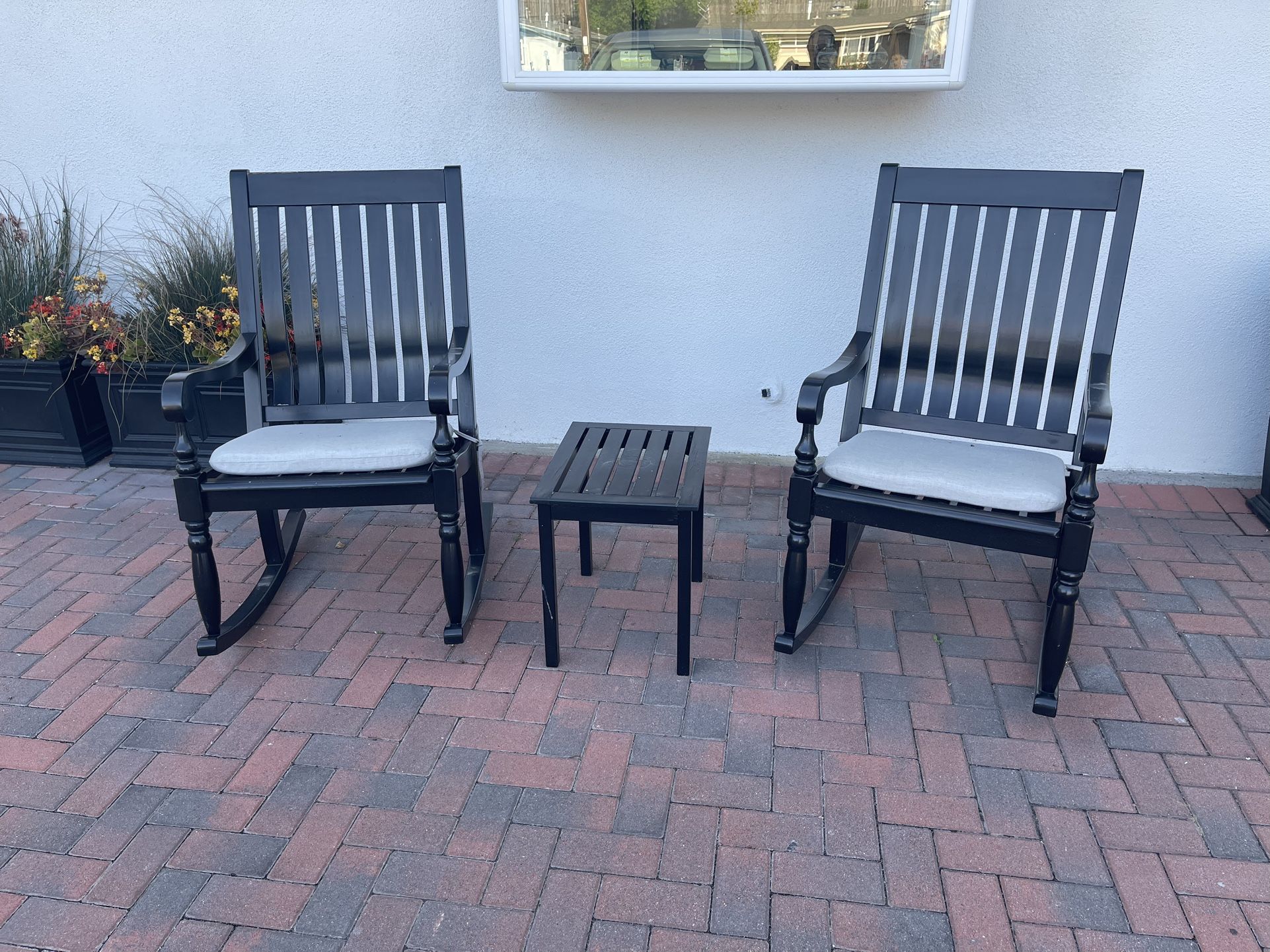 Black Rocking Chairs (pair) With Cushions And Table