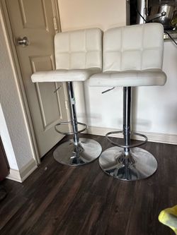 Two Powell Round Ottoman/Footstool - 33” Tall - White Cream Polyurethane