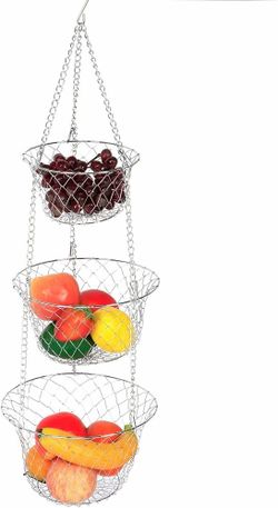 Wire Hanging Fruit Basket Collapsible Kitchen Storage silver hanging 3-tier wire fruit vegetable organizer iron wire storage rack