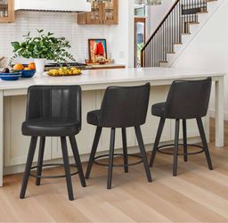 Set Of 3 Paul 26 in. Black Modern Faux Leather 360° Swivel High Back Barstool Solid Wood Counter Height stool