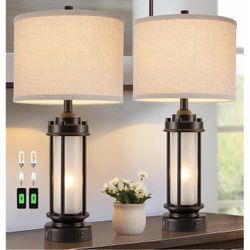 New Set of 2 Modern Table Lamps for Living Room Bedroom, 25'' Black Retro Industrial Metal Lamp with Glass Nightlight, Contemporary Desk Lamp for Beds