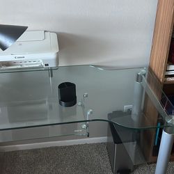 Glass Desk, Chair, Lamp, Pencil Holder And Computer