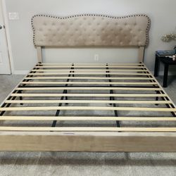 King Upholstered Bed Frame with Tufted Headboard – Great Condition