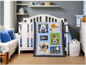 Baby 3 Pieces Crib Bedding Set, Sports Theme with Puppy Applique, Blue Patchwork Quilt for Nursery Sports Theme