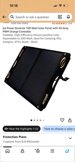 Go Power DuraLite 100-Watt Solar Panel with 30-Amp PWM Charge Controller Foldable, High-Efficiency Monocrystalline Cells, Expandable to 300-Watt, Idea