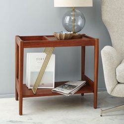 West Elm Mid Century Magazine Side Table in Walnut Wood and Antique Brass