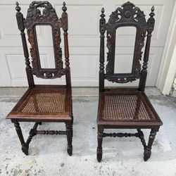 2 Antique Jacobean Victorian dining chairs w/ cane seats 1900’s Needs backing replaced These chairs sell for big money on eBay and Etsy 