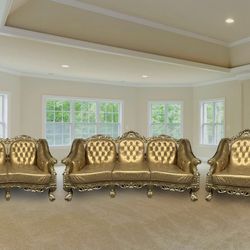 French Tufted Gold Leather 3-Piece Sofa Set Couches