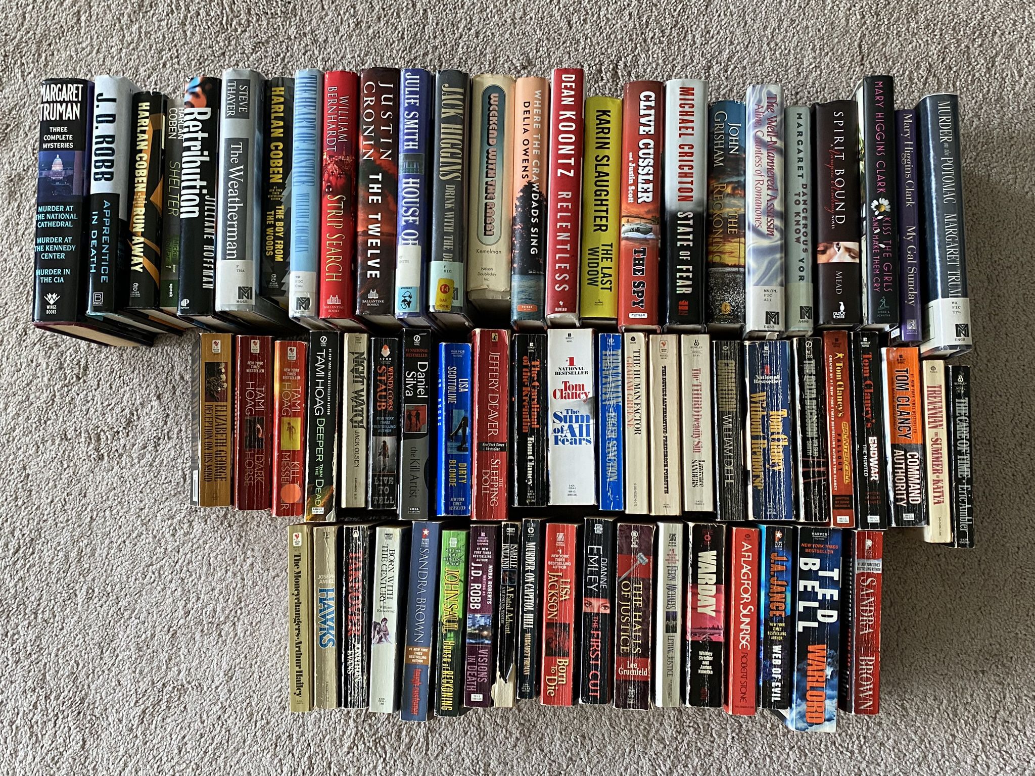 Book collection of 66 novels of intrigue, suspense, mystery, thriller, crime, espionage, etc.  Mostly best sellers and/or best selling/popular authors
