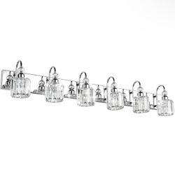 48” Modern Crystal Vanity Lights 6-Lights Stainless Steel Crystal Bathroom Vanity Lights Dimmable