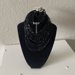 Women’s Black Multi Strand Layered Beaded Necklace & Earrings, NWT