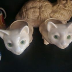 2 ³Vintage White Ceramic Sitting Cat Succulent Planter Pot Green Eyes