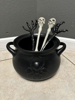 Witches Brew Cauldron With Skeleton Spoon And Fork And Salad Tosser