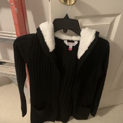 Womens Size Xs Black Cardigan Sweater With Faux Sherpa Hood 