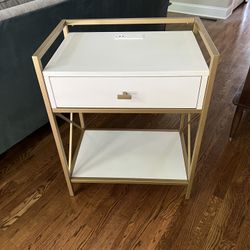 BEDSIDE TABLE END BED SIDE  w/ DRAWER & SHELF - WHITE & GOLD- usb / ac plugs  Solid wood. Soft close drawer.  Heavy.  *   Length: 24 *   Width: 18 *  