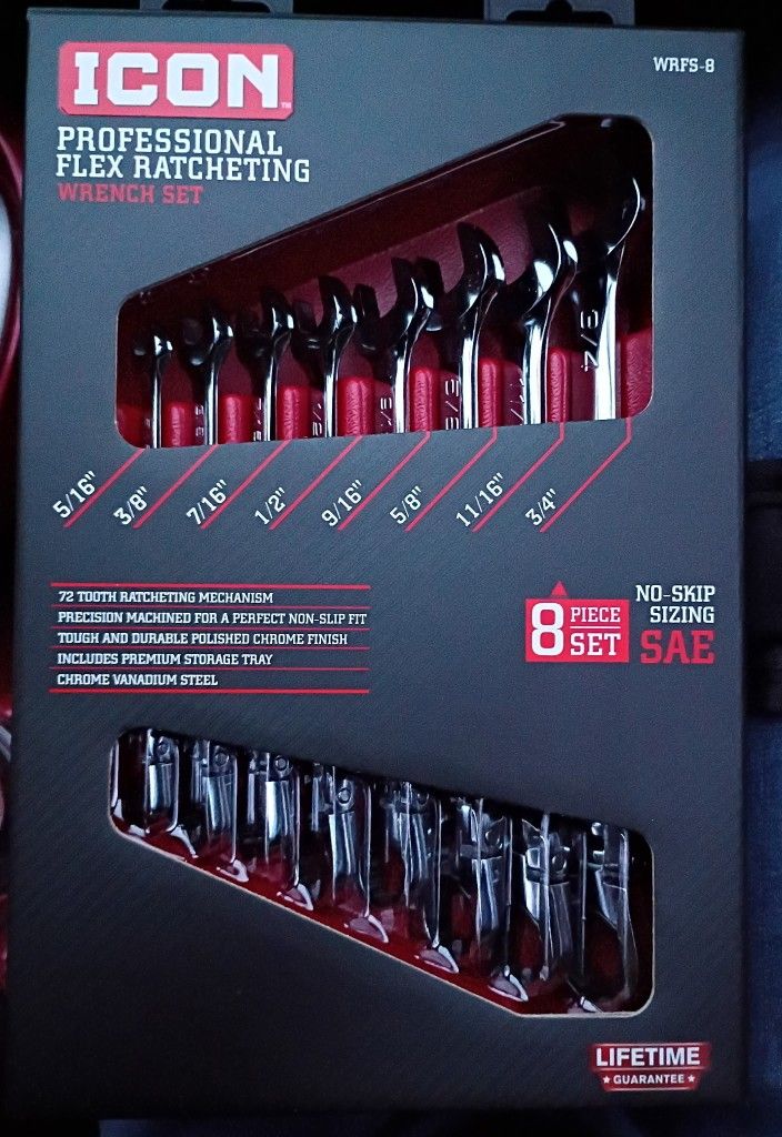 ICON Professional Flex-Head SAE Ratcheting Combination Wrench, 8-Piece (WRFS-8)