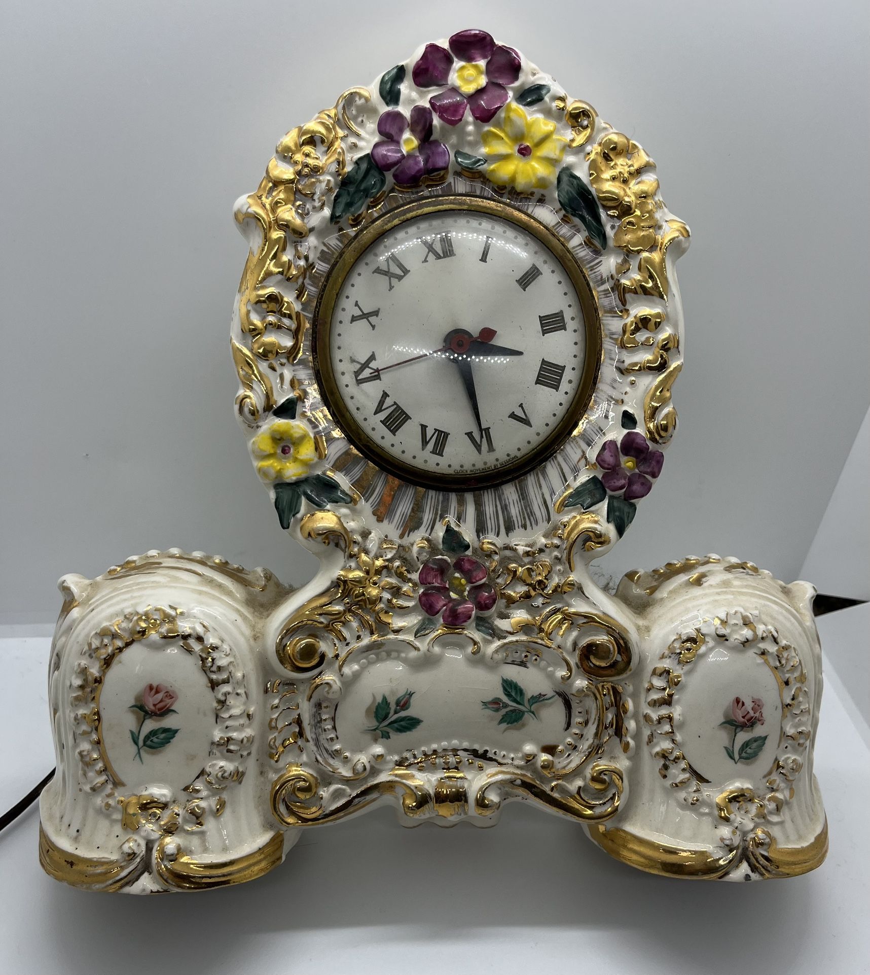 1950s Sessions Floral & Gold Porcelain Mantle Clock (Electric) by Oxford Metal Spinning Co
