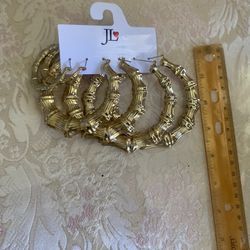 Bamboo Hoop Earrings Gold Plated 3 pairs metal  pattern Large Round Design &med
