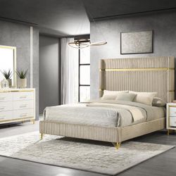 **SALE** Beautiful 4 Piece Queen Bedroom Set In Beige, White and Gold! 